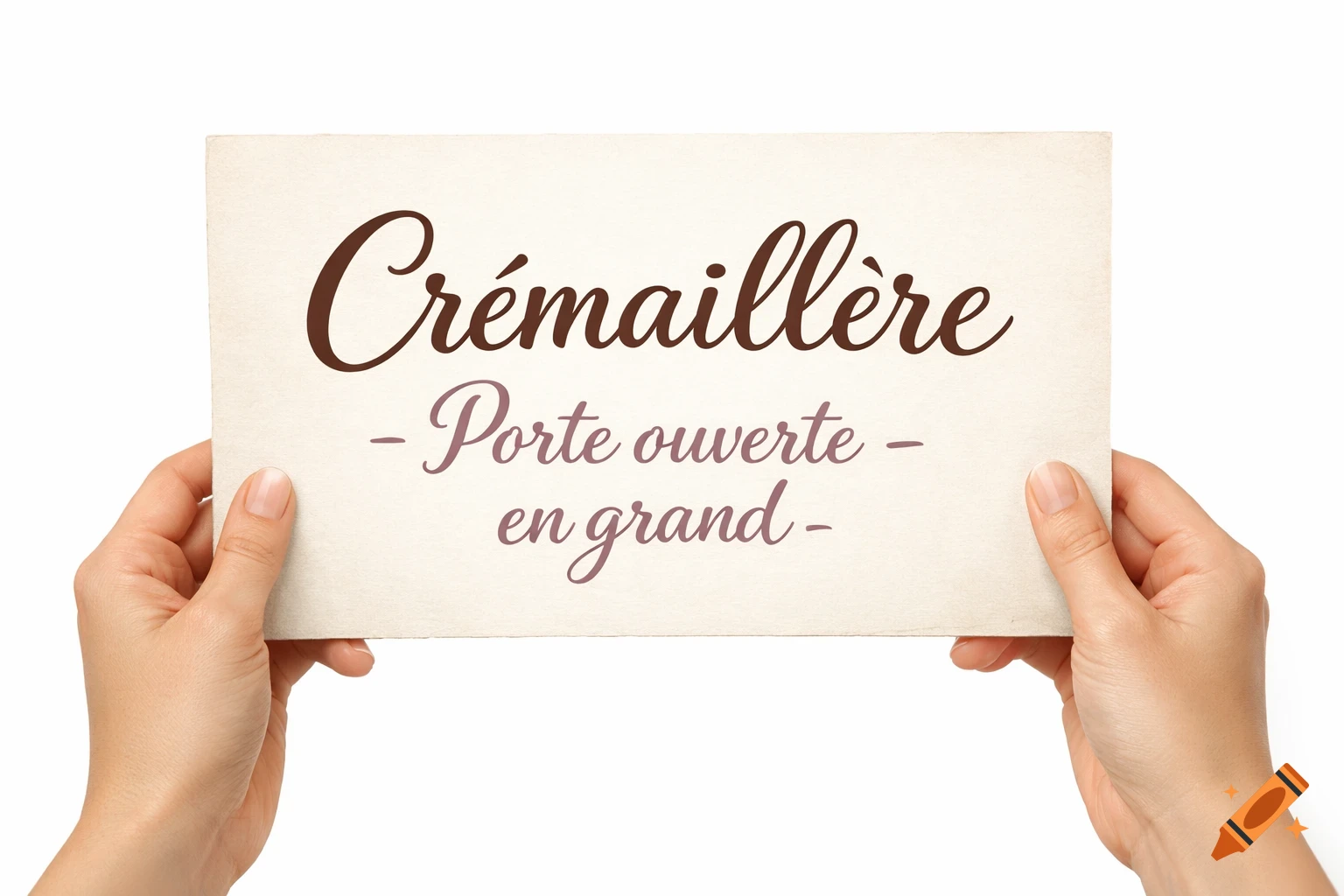 Two hands hold a cream-colored card with 'Crémaillère - Porte ouverte - en grand -' in brown and purple script on a white background.