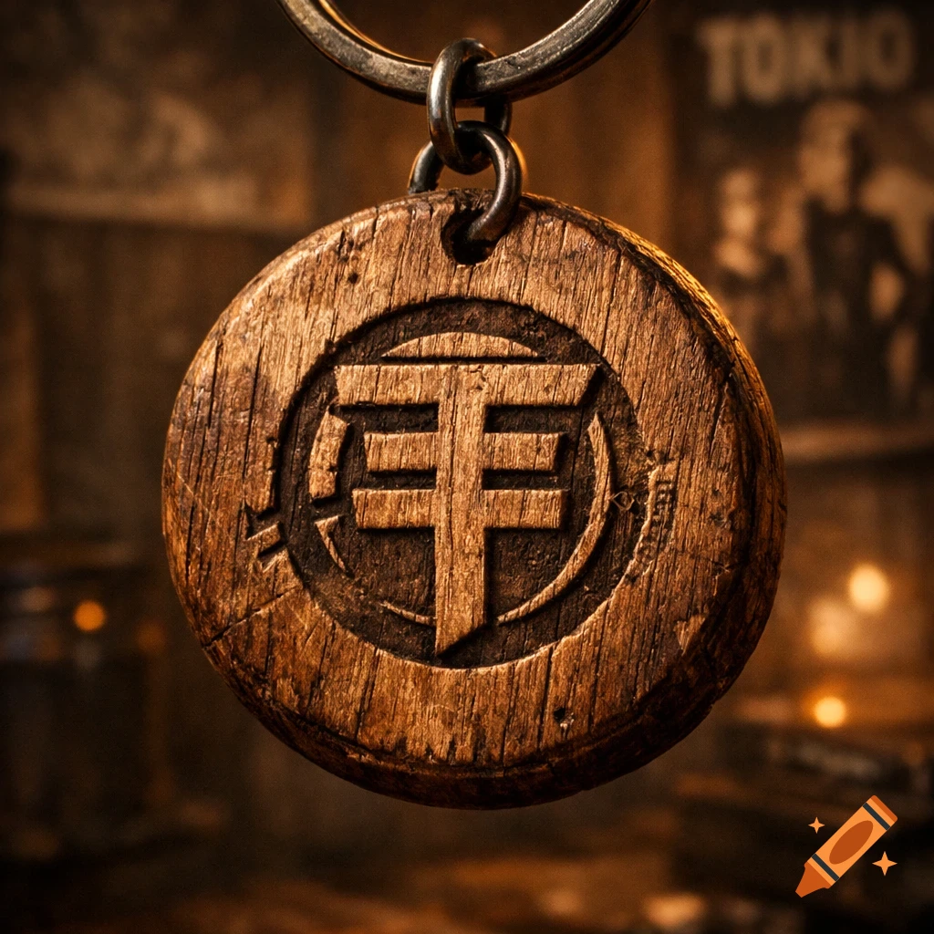 Close-up of a rustic wooden keychain with a carved abstract symbol, hanging from a metal ring. A blurry background shows glowing lights and text.