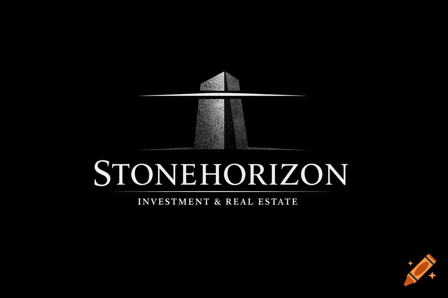 Monochrome logo for StoneHorizon, featuring a stylized grey stone monolith with a horizontal line, over 'INVESTMENT & REAL ESTATE' text.