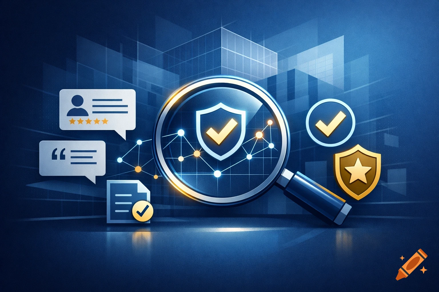 A digital illustration featuring a magnifying glass over a shield icon with a checkmark, surrounded by icons representing user reviews, quotes, and a document with a checkmark, all on a blue background with abstract data elements.
