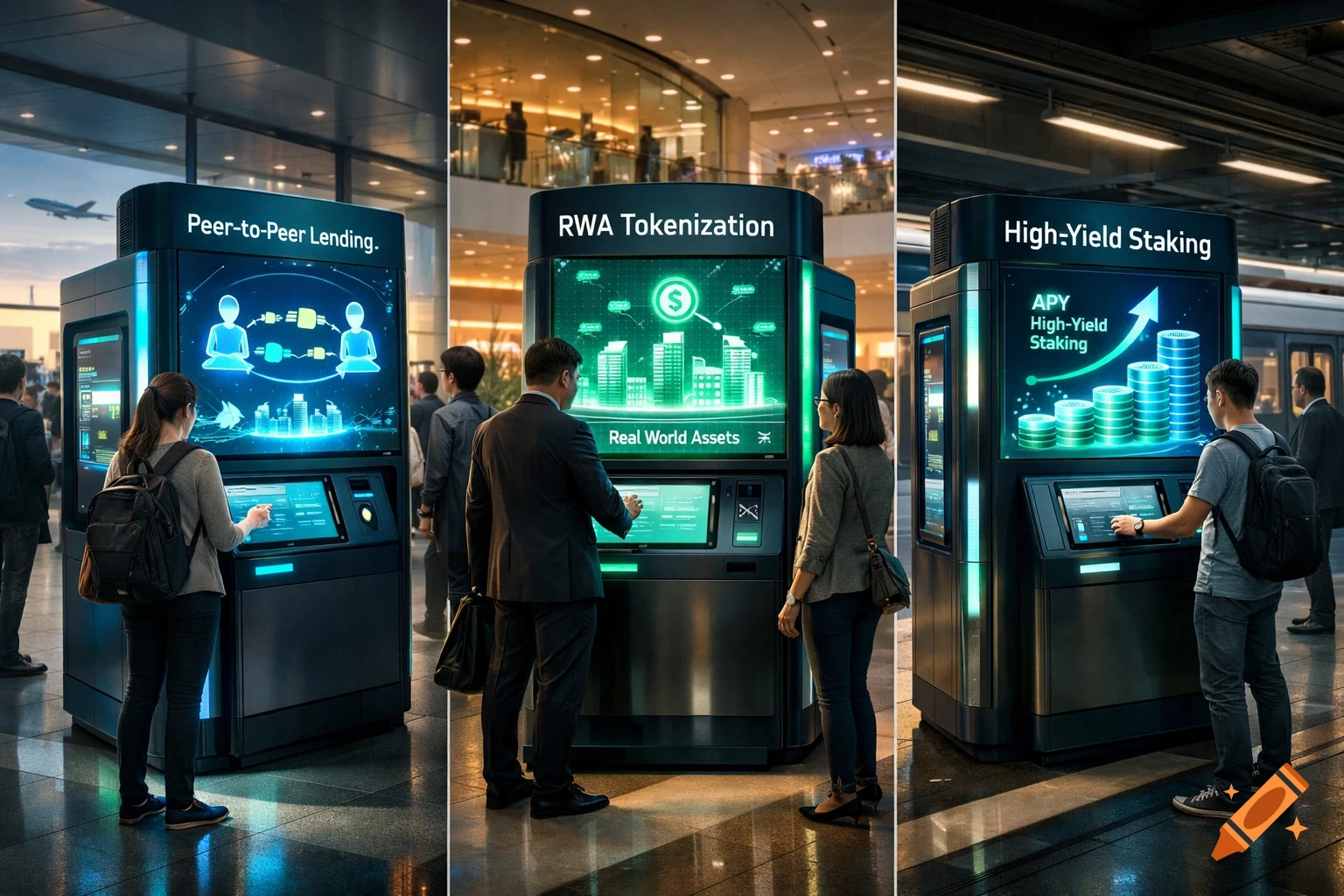 Three panels show people interacting with futuristic financial kiosks for peer-to-peer lending, RWA tokenization, and high-yield staking.