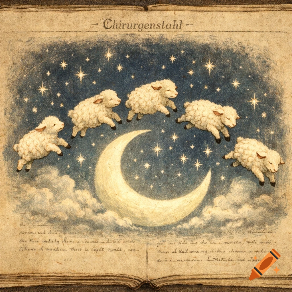 A vintage book illustration shows five white sheep jumping over a crescent moon and many stars in a dark blue night sky. Text "Chirurgenstahl" is at the top of the page.