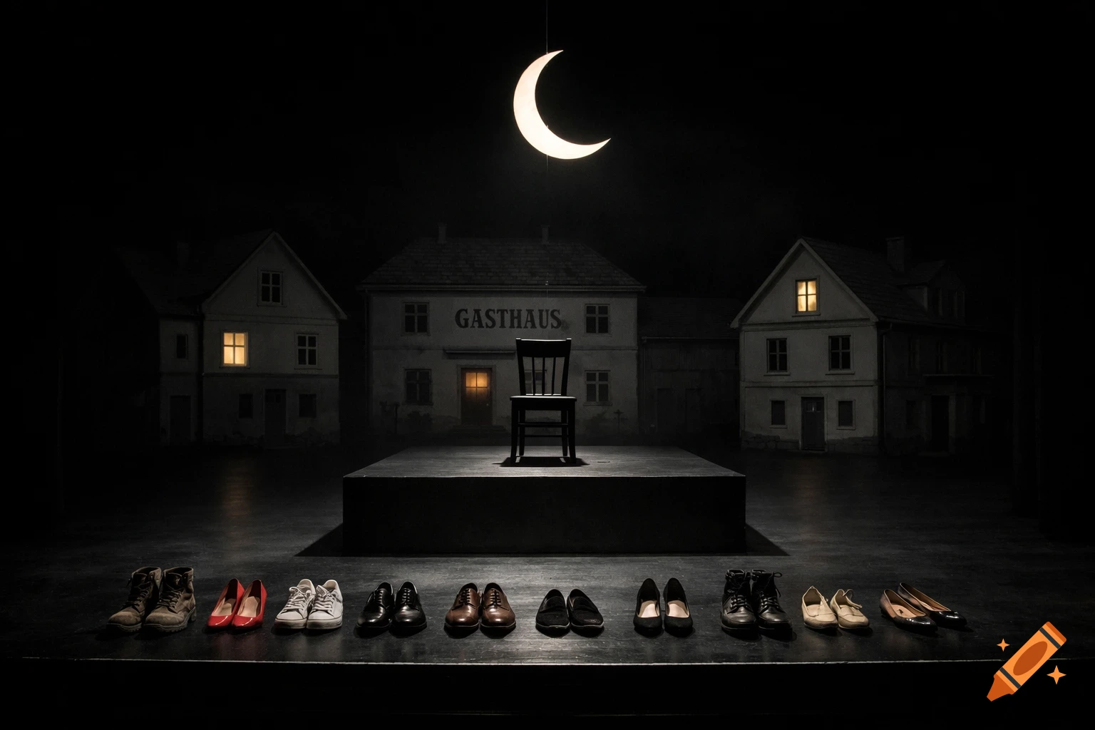 Dark stage set with a crescent moon overhead, a black chair on a podium, and several pairs of shoes arranged in a line. In the background are white houses, one with "GASTHAUS" on a sign.