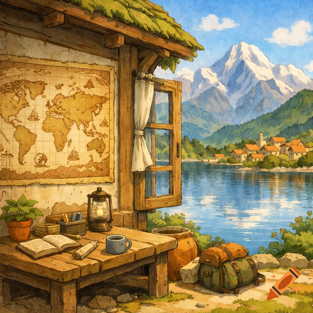 A watercolor illustration of a cozy wooden house interior with a world map on the wall, overlooking a serene lake, a distant town, and snow-capped mountains.