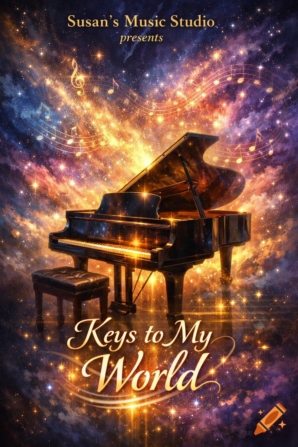 A grand piano and stool on a vibrant cosmic background with stars and musical notes. Text: Susan's Music Studio presents Keys to My World.