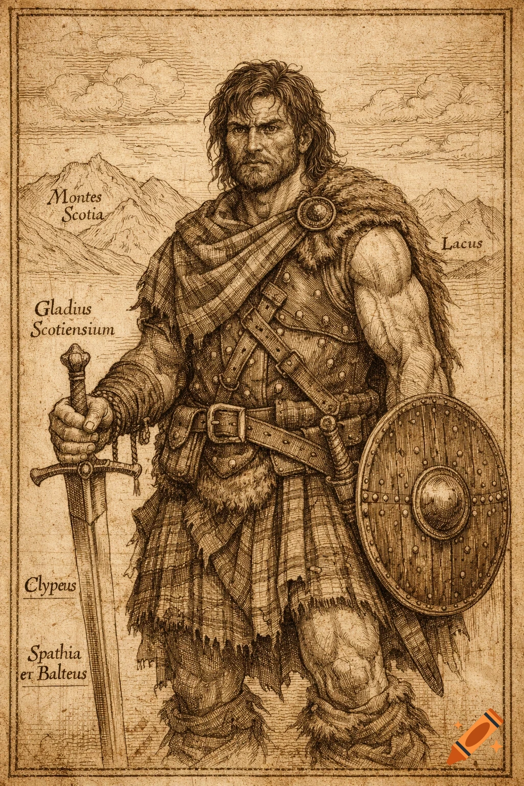 Sepia-toned 14th-century style illustration of a rugged Highlander warrior with a sword and shield, labeled with Latin text.
