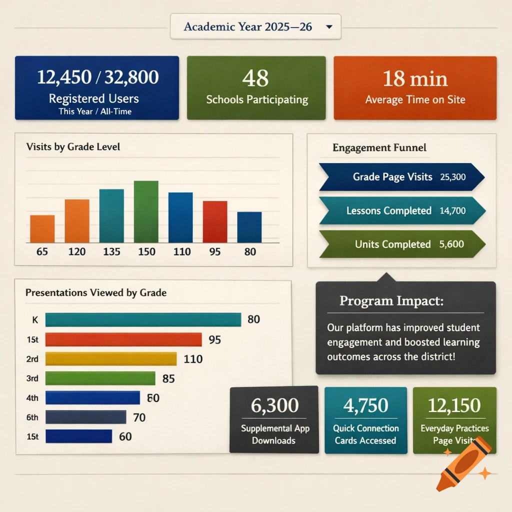 An edtech dashboard mock-up displaying academic year 2025-26 data including registered users, schools participating, average time on site, visits by grade level, engagement funnel, presentations viewed by grade, and program impact metrics.