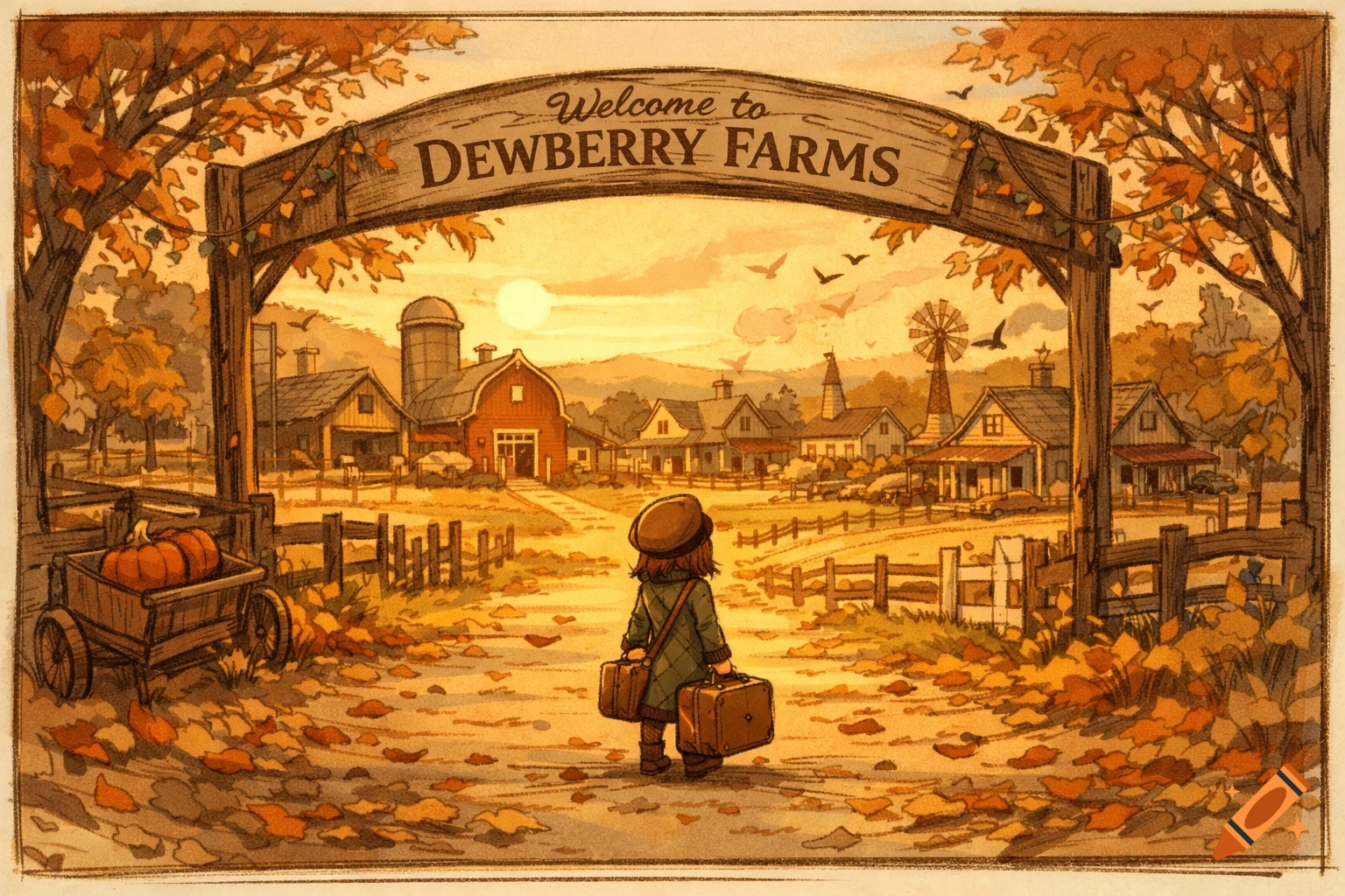 An illustration of a small figure with suitcases facing the 'Welcome to Dewberry Farms' sign amidst autumn leaves.