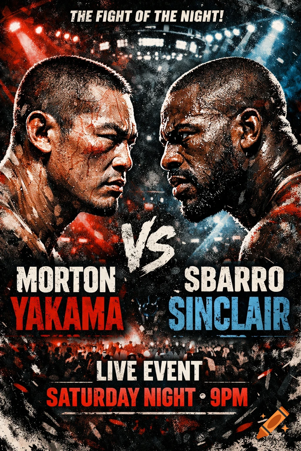 Gritty boxing match poster for 'The Fight of the Night' featuring Morton Yakama and Sbarro Sinclair.