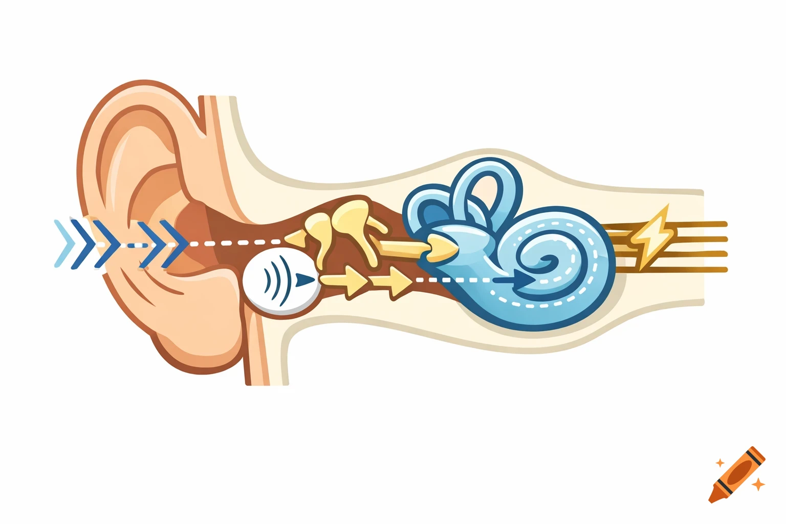 Flat illustration of the human ear, depicting the sound transmission pathway from outer ear to brain signals.