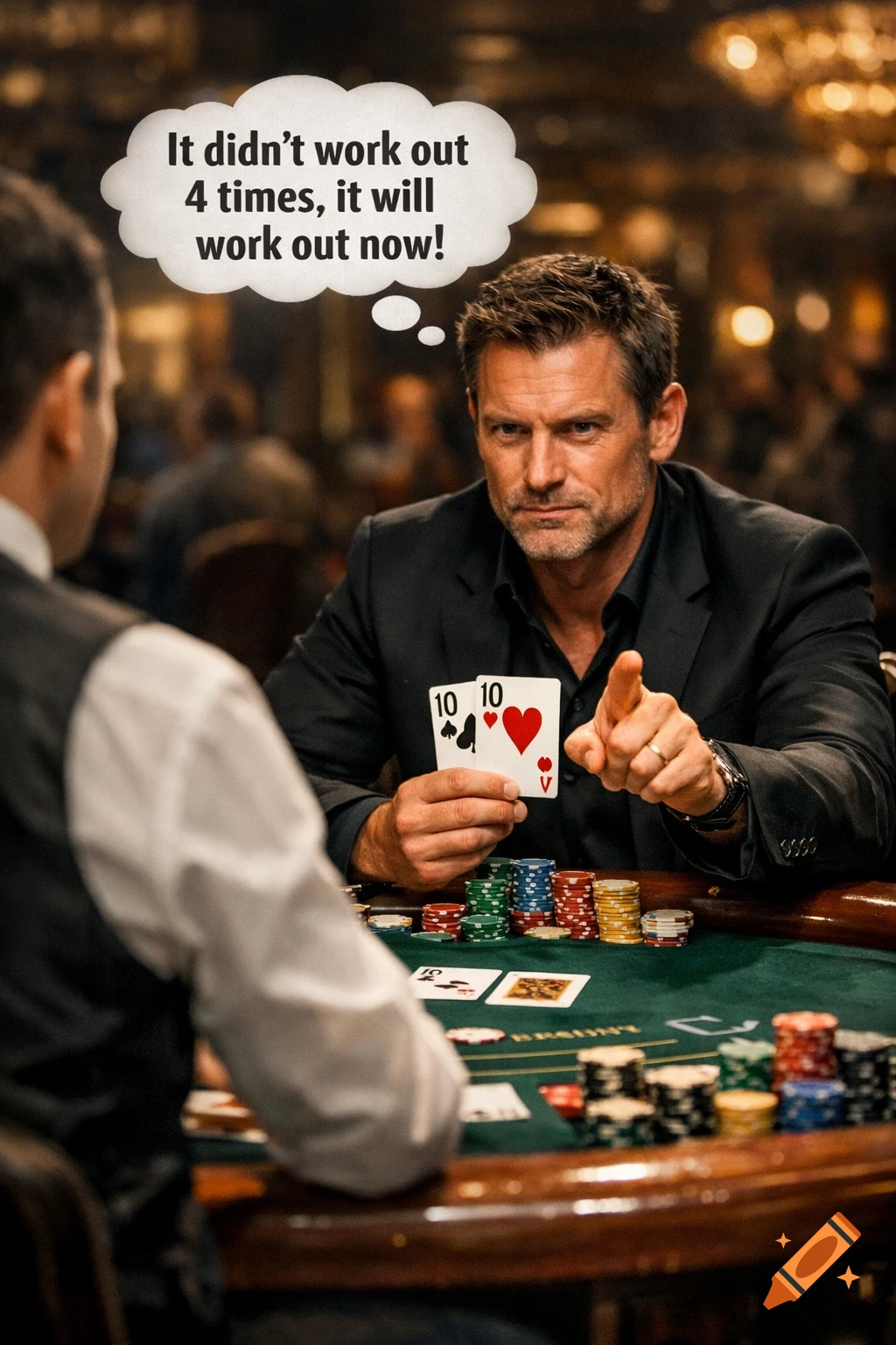 A confident man at a poker table holds two tens and points, with a thought bubble saying, "It didn't work out 4 times, it will work out now!"