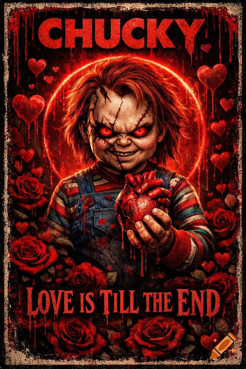 A horror poster of Chucky with glowing red eyes, holding a bloody heart, surrounded by red roses and dripping hearts. Text reads 'CHUCKY' and 'LOVE IS TILL THE END'.