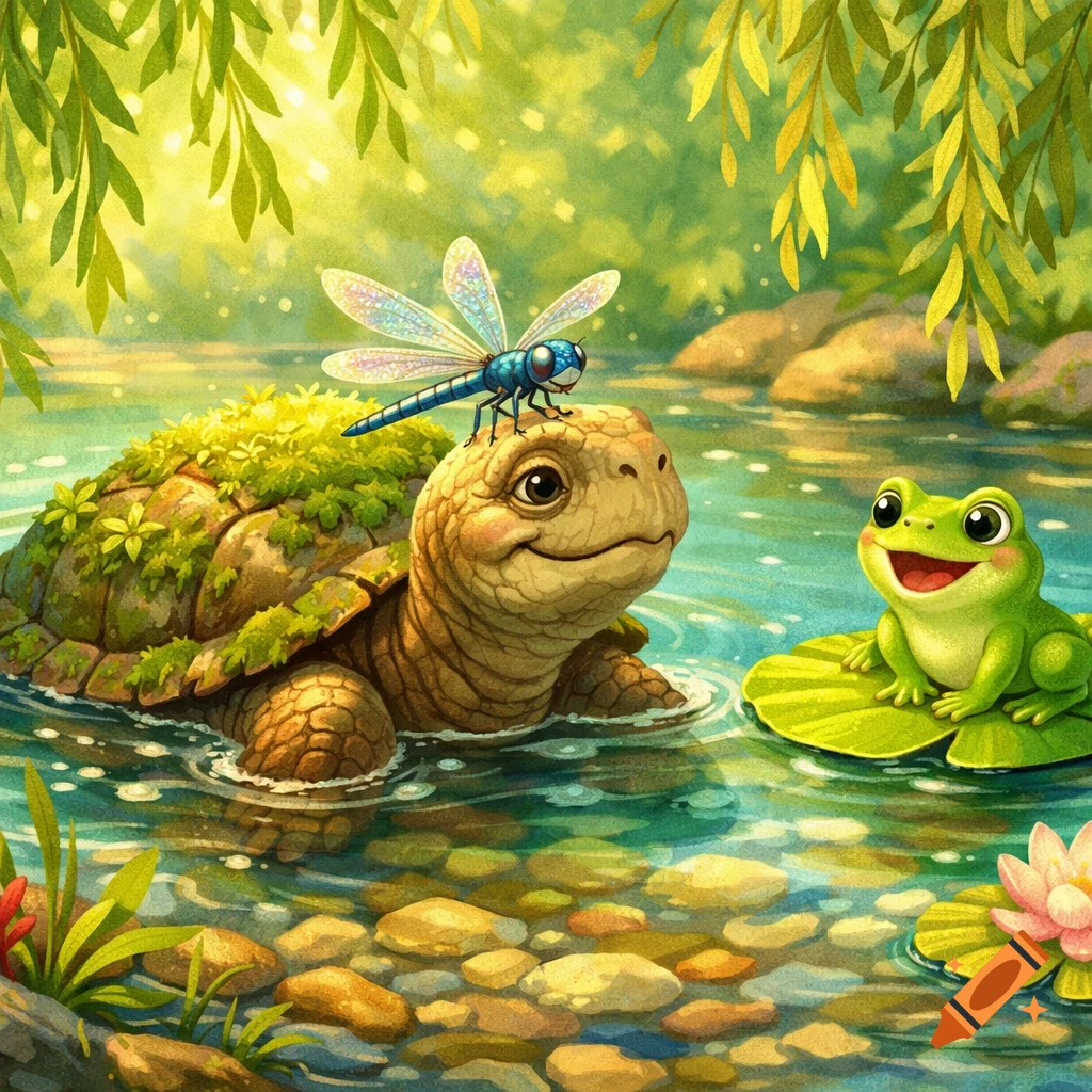 A friendly turtle swims in a pond with a dragonfly on its head, next to a happy frog on a lily pad, children's book illustration.