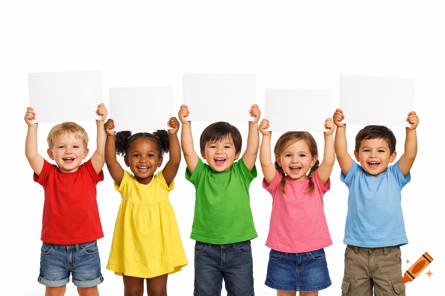 Five diverse, happy children in colorful clothes hold blank white signs overhead, against a white background.