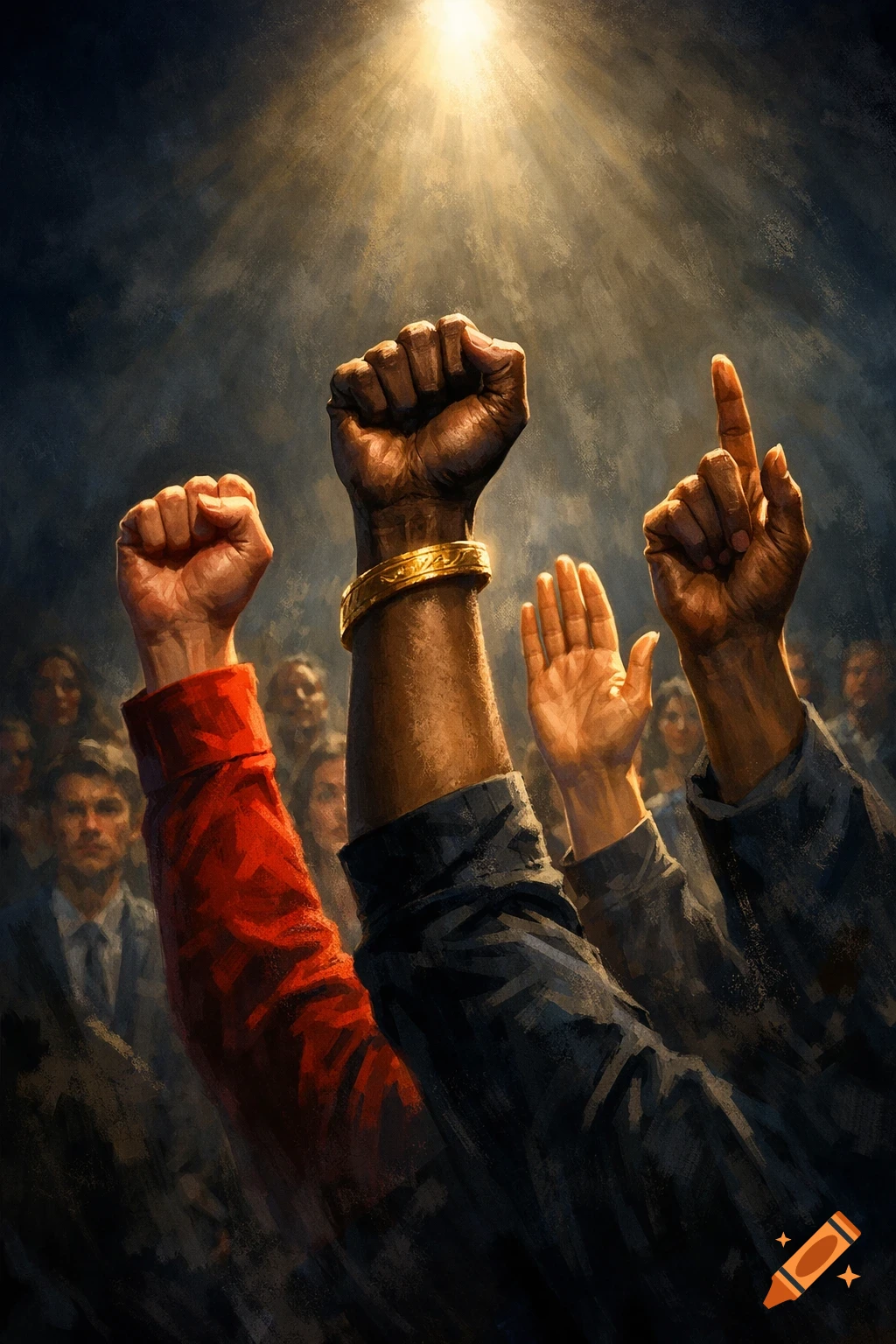Diverse hands, some in fists, raised in protest or unity under a dramatic spotlight in a painterly style.