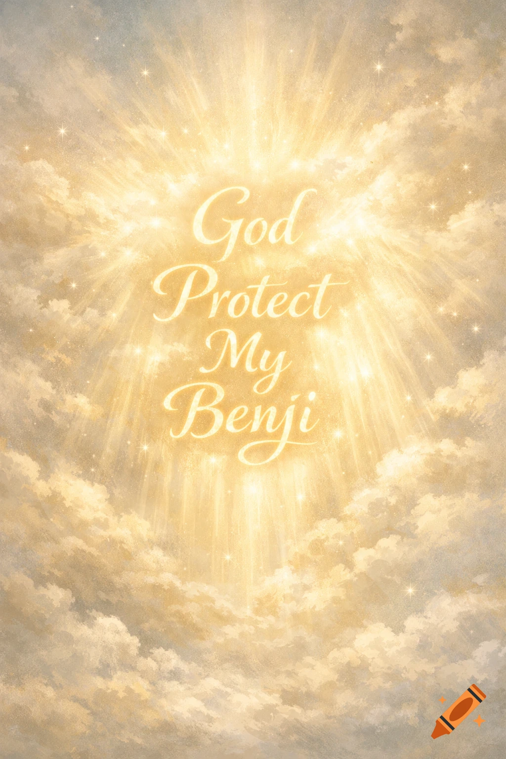 Heavenly image of golden glowing clouds with light rays, featuring the text 'God Protect My Benji' in elegant script.