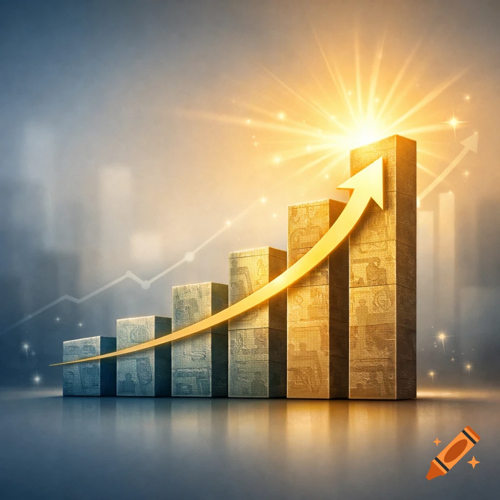 A bar graph with an upward-curving golden arrow pointing to a glowing sun, symbolizing growth and success.
