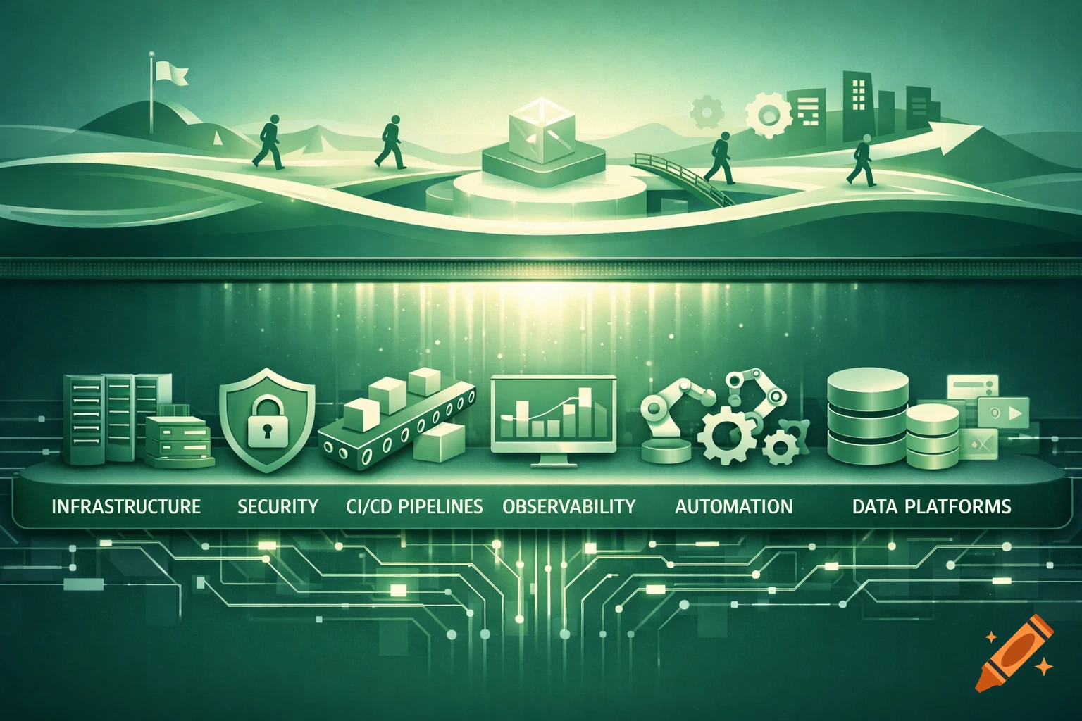 Green symbolic illustration showing abstract figures walking on a path above a foundation of IT concepts like infrastructure, security, and data platforms.