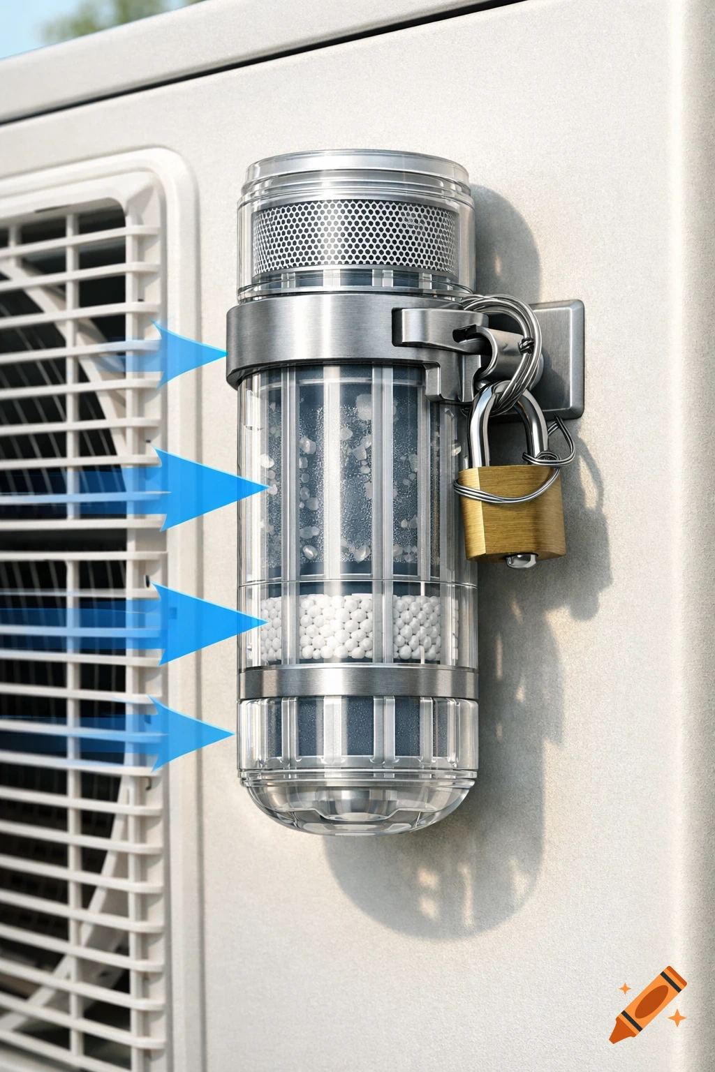A realistic 3D illustration of a transparent anti-mold cartridge with white desiccant beads and a padlock, attached to an outdoor air conditioner vent with blue airflow arrows.
