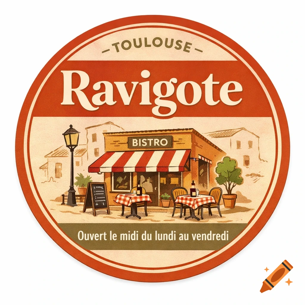 Circular vintage illustration of 'Ravigote Bistro' in Toulouse, depicting the restaurant facade and operating hours.