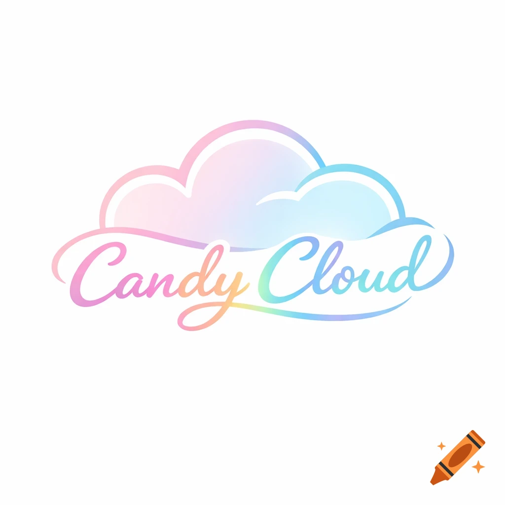 Minimalist 'Candy Cloud' logo featuring two pastel rainbow gradient clouds with script text.