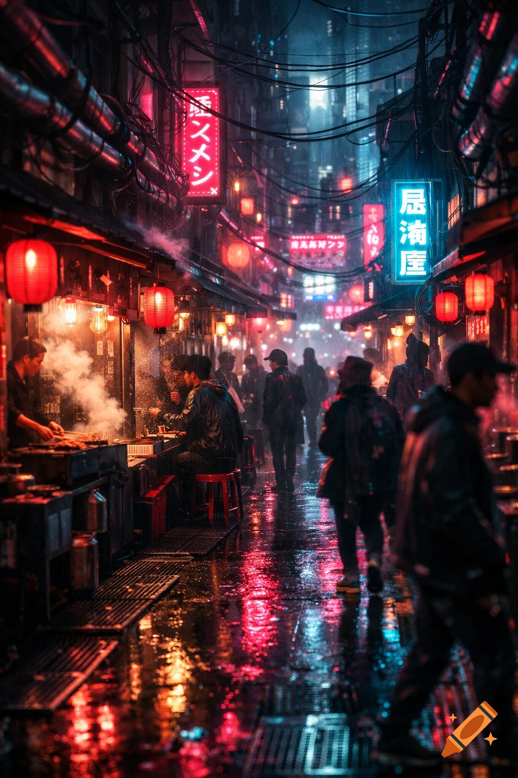 A bustling cyberpunk Japanese alley at night, with glowing neon signs and red lanterns reflecting on wet pavement. People walk past steaming food stalls.