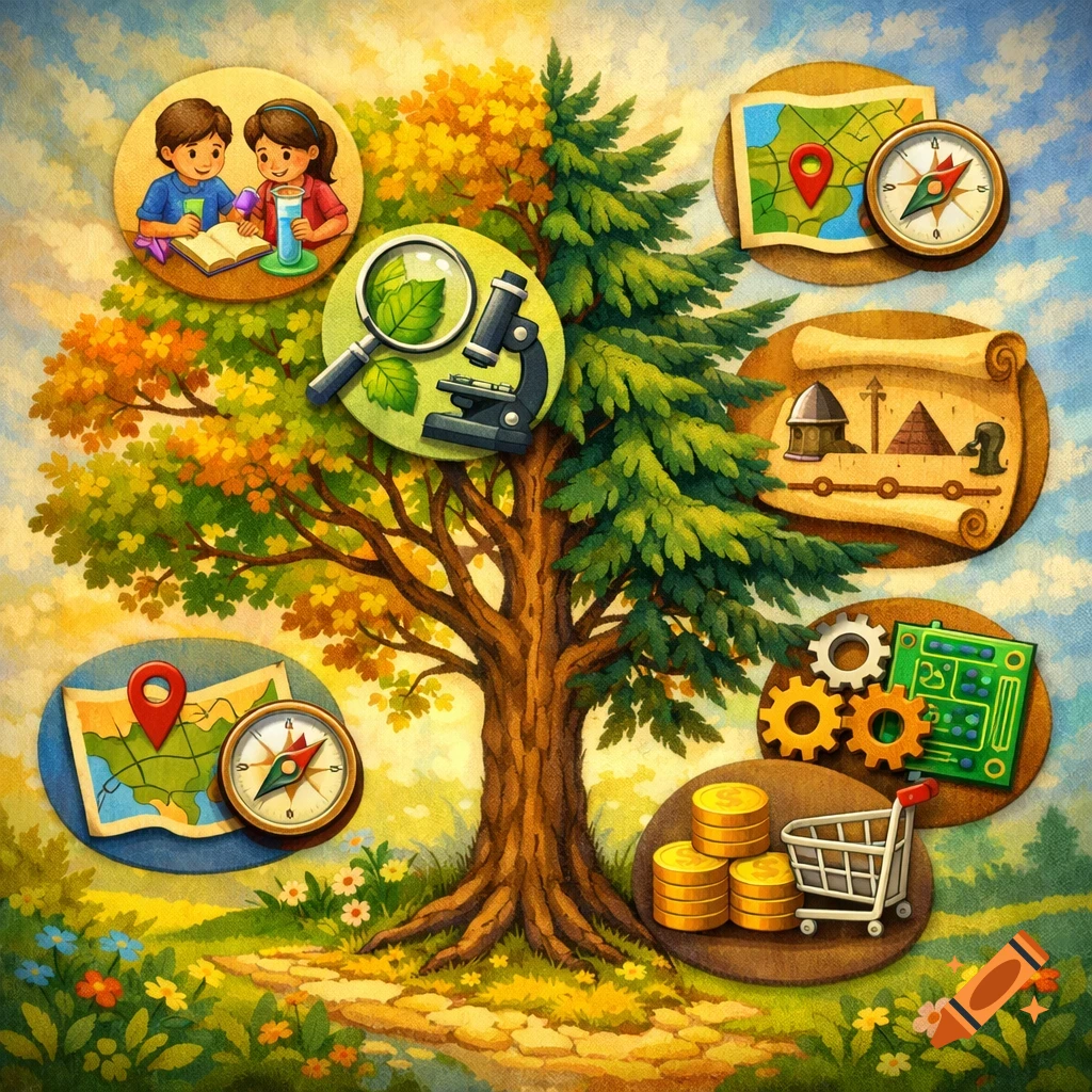 Watercolor illustration of a tree with educational icons: children studying, microscope, maps, historical scroll, gears, and coins.