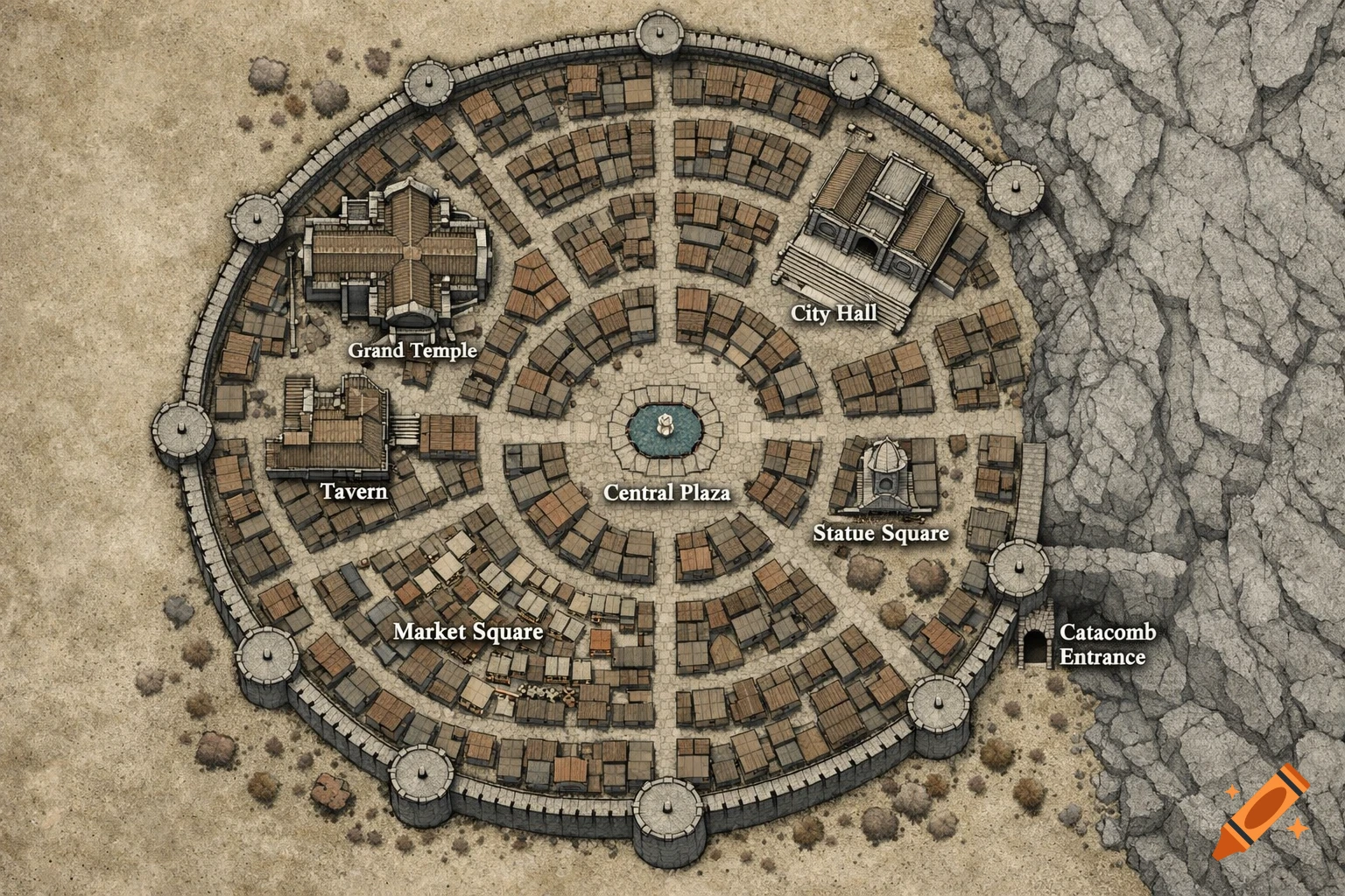 Top-down fantasy city map with a circular layout, stone walls, and labeled areas like Grand Temple, City Hall, Market Square, and Catacomb Entrance, situated next to a mountain.