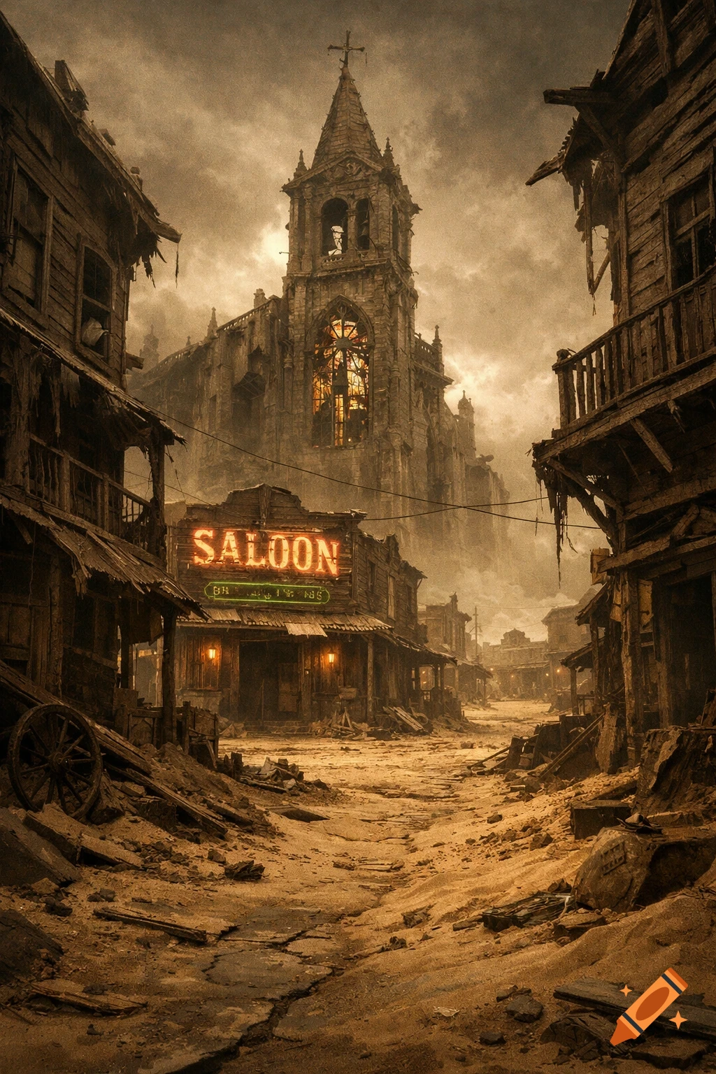 A dystopian Wild West village with a prominent neon "SALOON" sign and a towering, crumbling church under a cloudy, oppressive sky.
