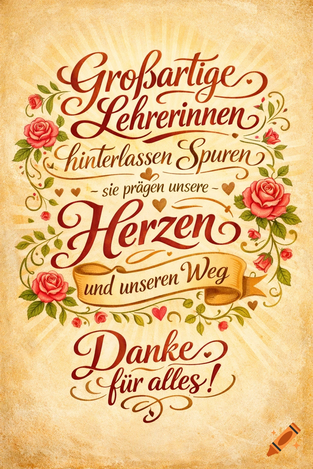 Vintage hand-lettered German quote about great teachers, adorned with red roses and green leaves on a textured background.