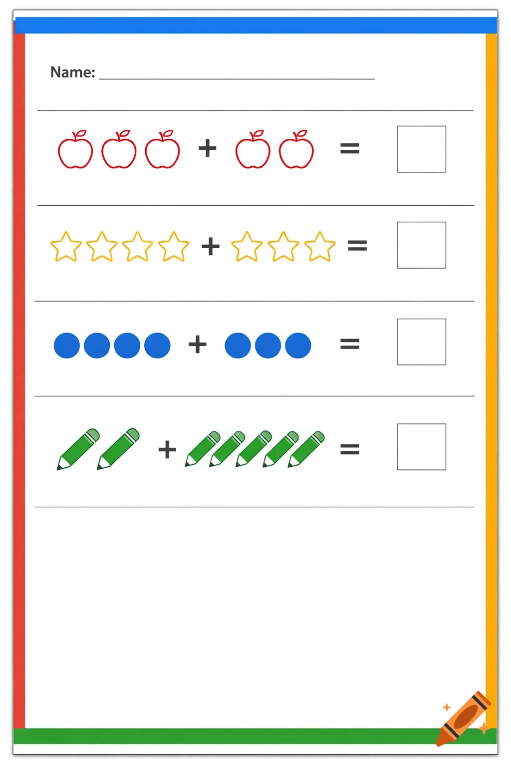 Children's math worksheet with addition problems using red apples, yellow stars, blue circles, and green pencils. Has Name line.