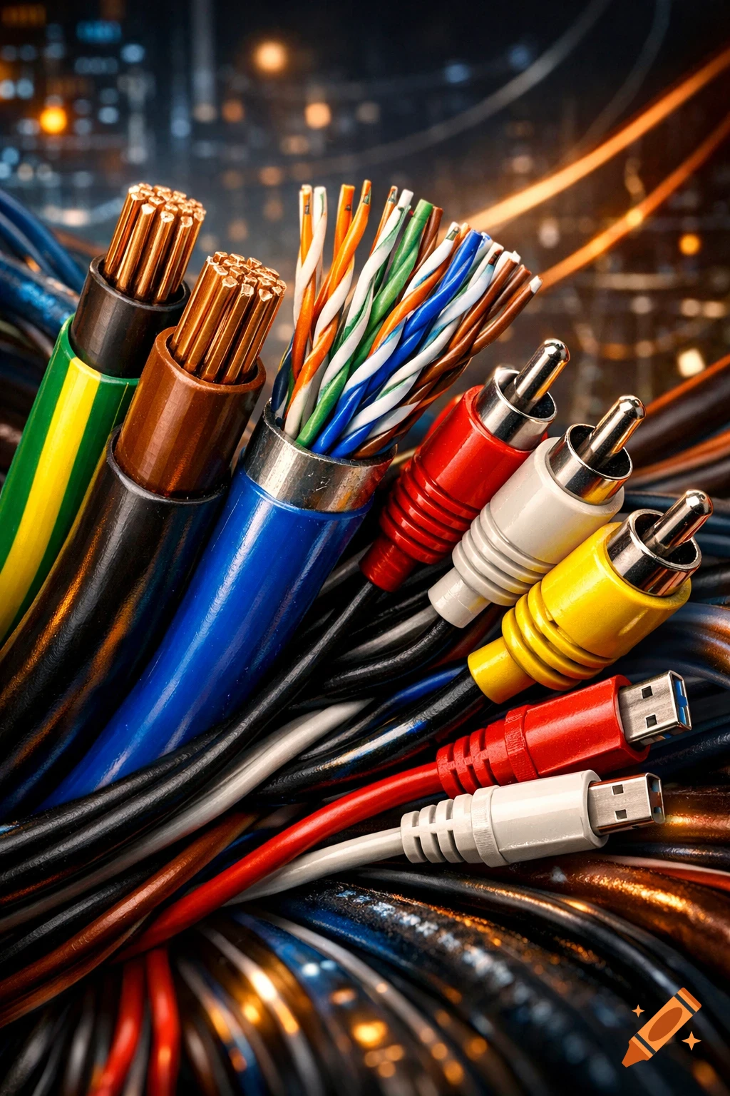 Close-up of various colorful electrical and data cables with exposed wires and connectors.