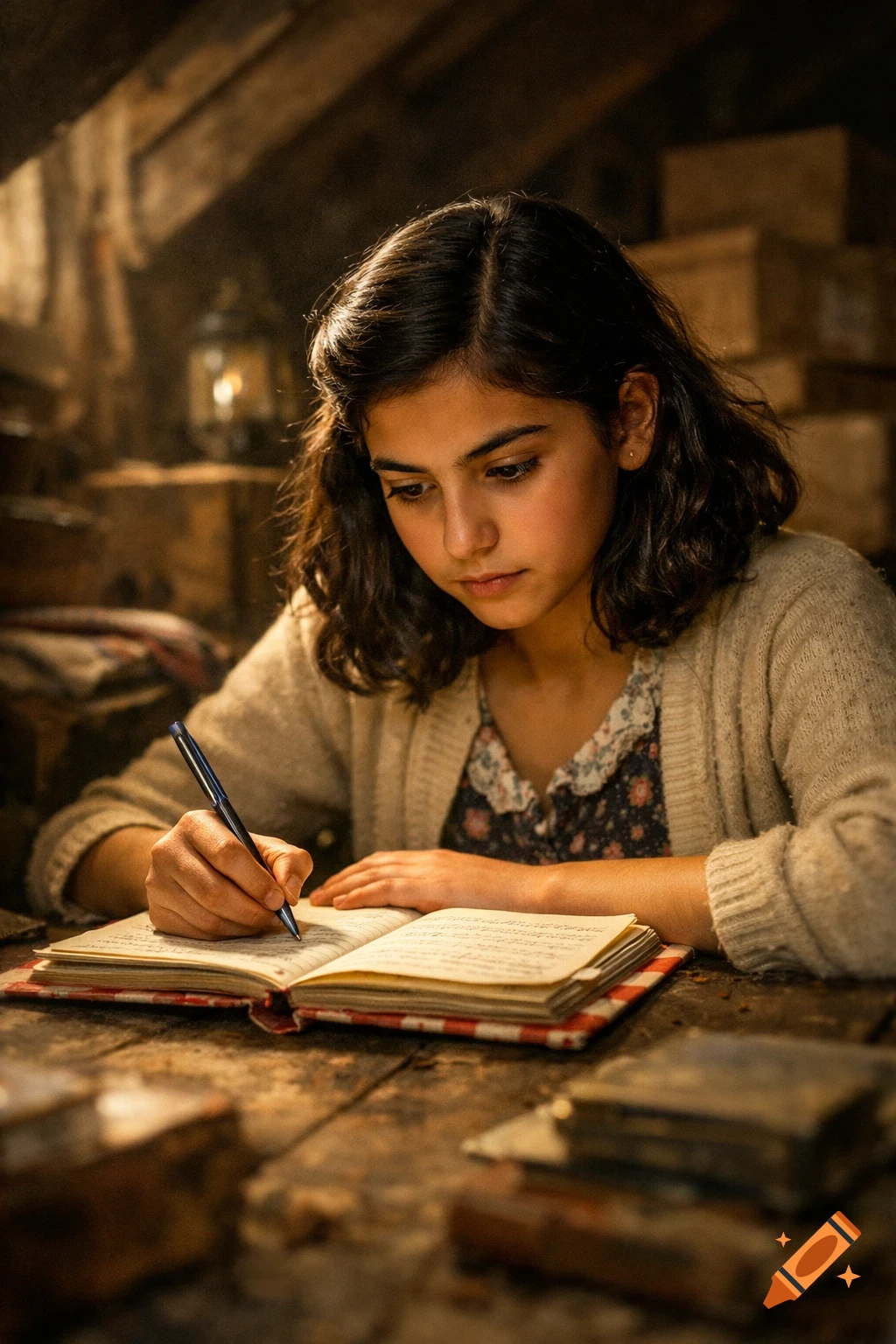 A young Latina girl with dark hair sits in a dimly lit attic, intently writing in a large open notebook with a ballpoint pen.