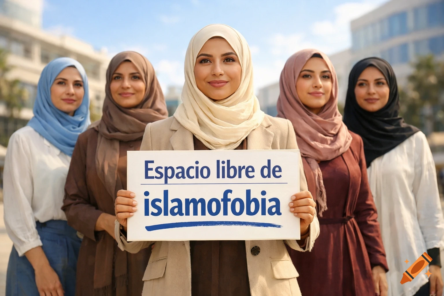 Five women in various colored hijabs holding a sign that reads 'Espacio libre de islamofobia' (Islamophobia-free space) outdoors.