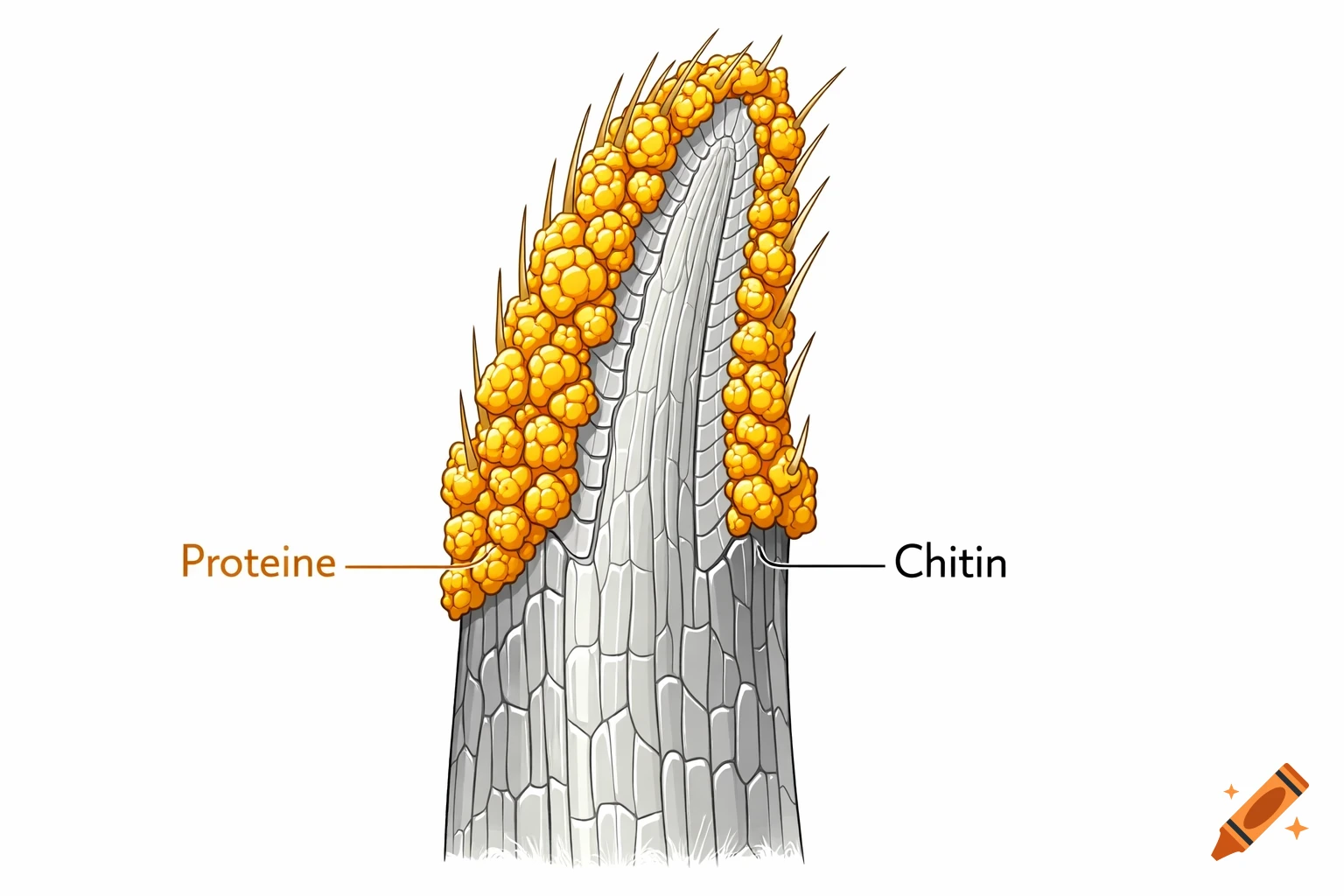 Scientific illustration of a varroa mite seta, with orange proteins on a gray chitin base, labeled 'Proteine' and 'Chitin'.