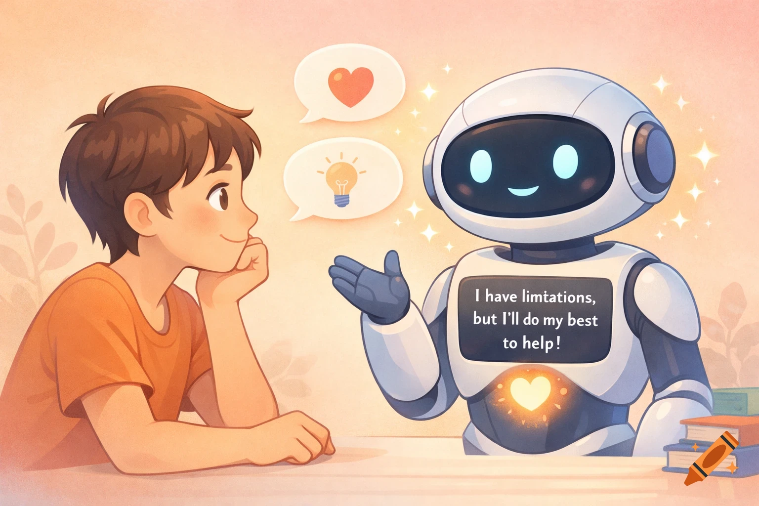 A boy listens intently to a friendly AI robot displaying text about its limitations, in a soft illustration style.