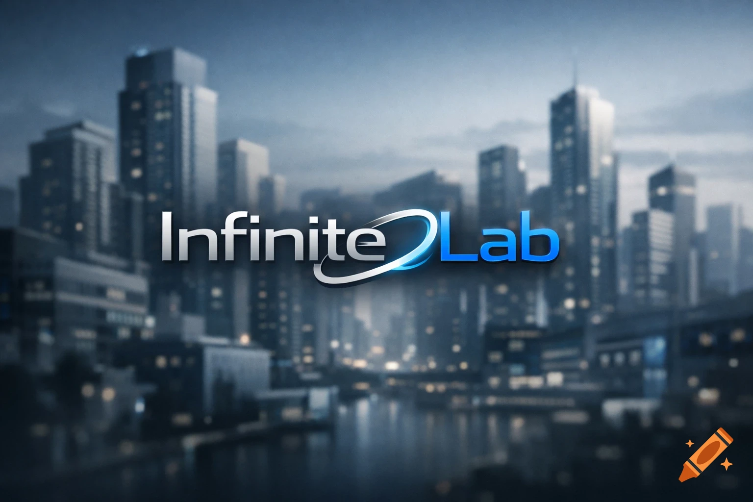 A sleek, modern 'Infinite Lab' logo in silver and blue, set against a blurred urban cityscape at dusk.