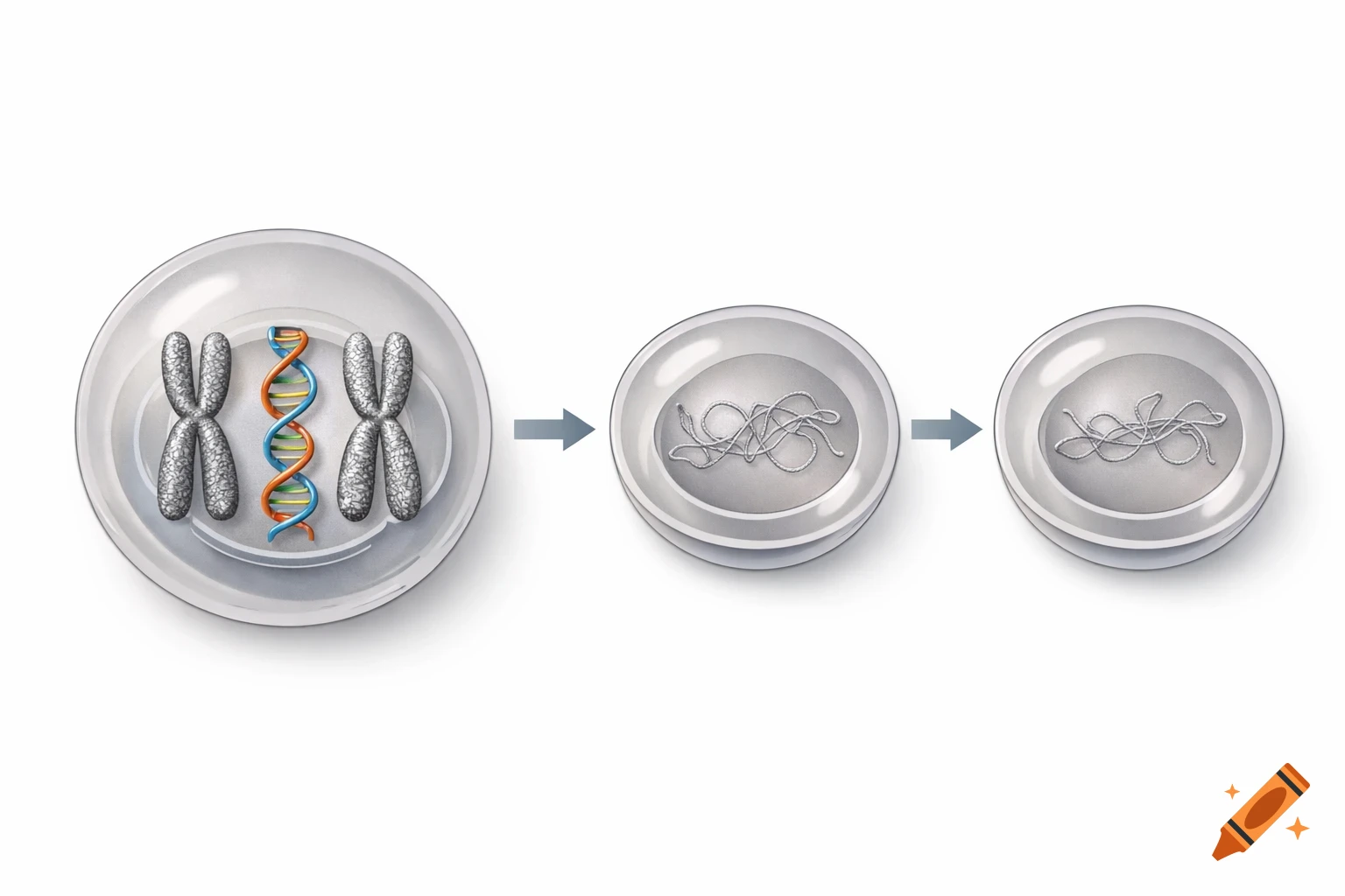 A scientific diagram illustrating cell division, with chromosomes and DNA transforming into tangled genetic material across three stages.