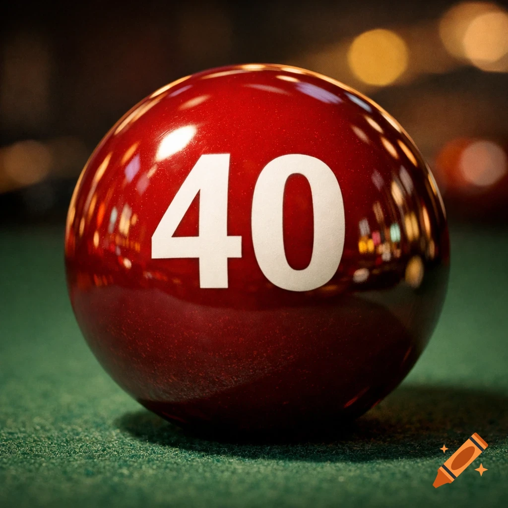A close-up, photorealistic shot of a shiny red billiard ball with the number 40 on a green felt table.
