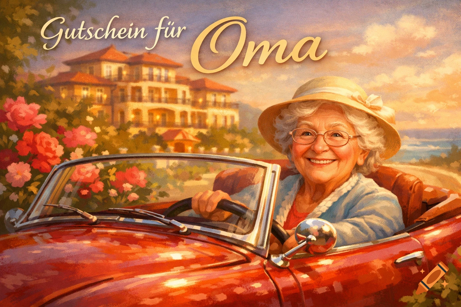 A smiling elderly woman with white hair and glasses drives a red vintage convertible past a hotel and flowers. Text: Gutschein f r Oma, painted in an illustrative style.