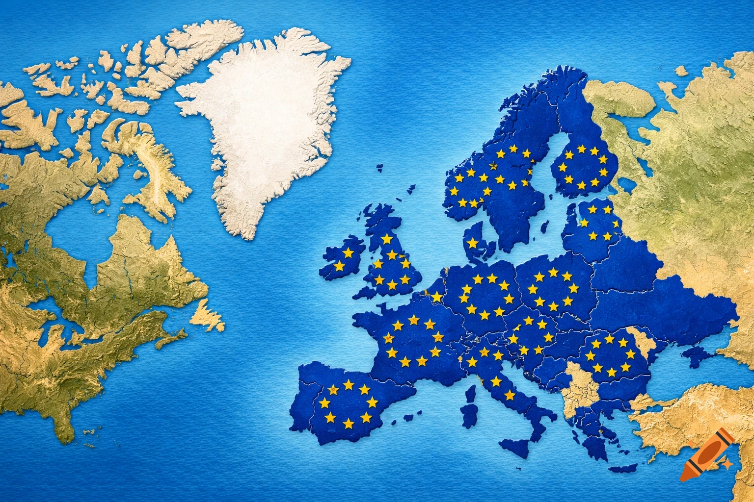Textured map of Europe showing EU flag on member states, with Canada and Greenland to the west.
