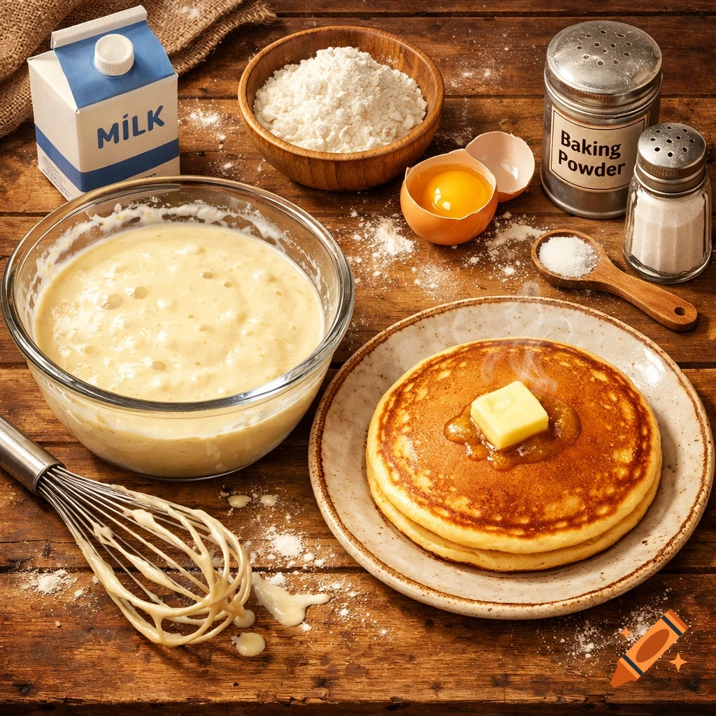 Photorealistic overhead shot of pancake ingredients and cooked pancakes with butter and syrup on a rustic wooden table.