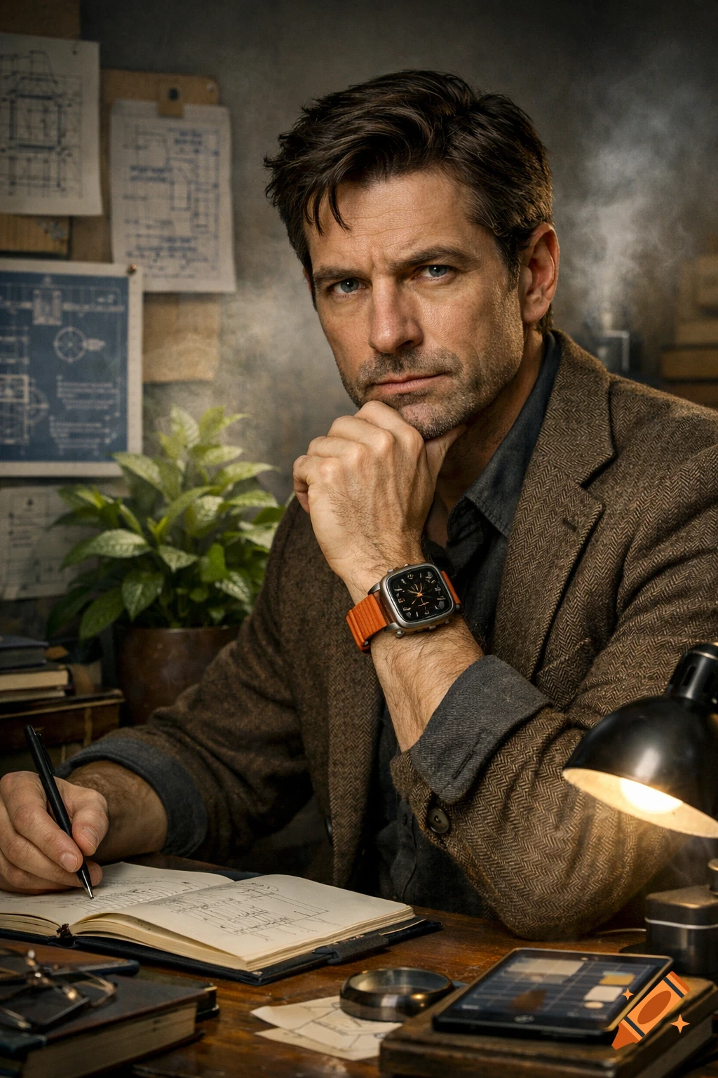 A photorealistic portrait of an analytical man with a beard, wearing a tweed jacket, writing in a notebook at a vintage desk with blueprints and an orange-strapped smartwatch.