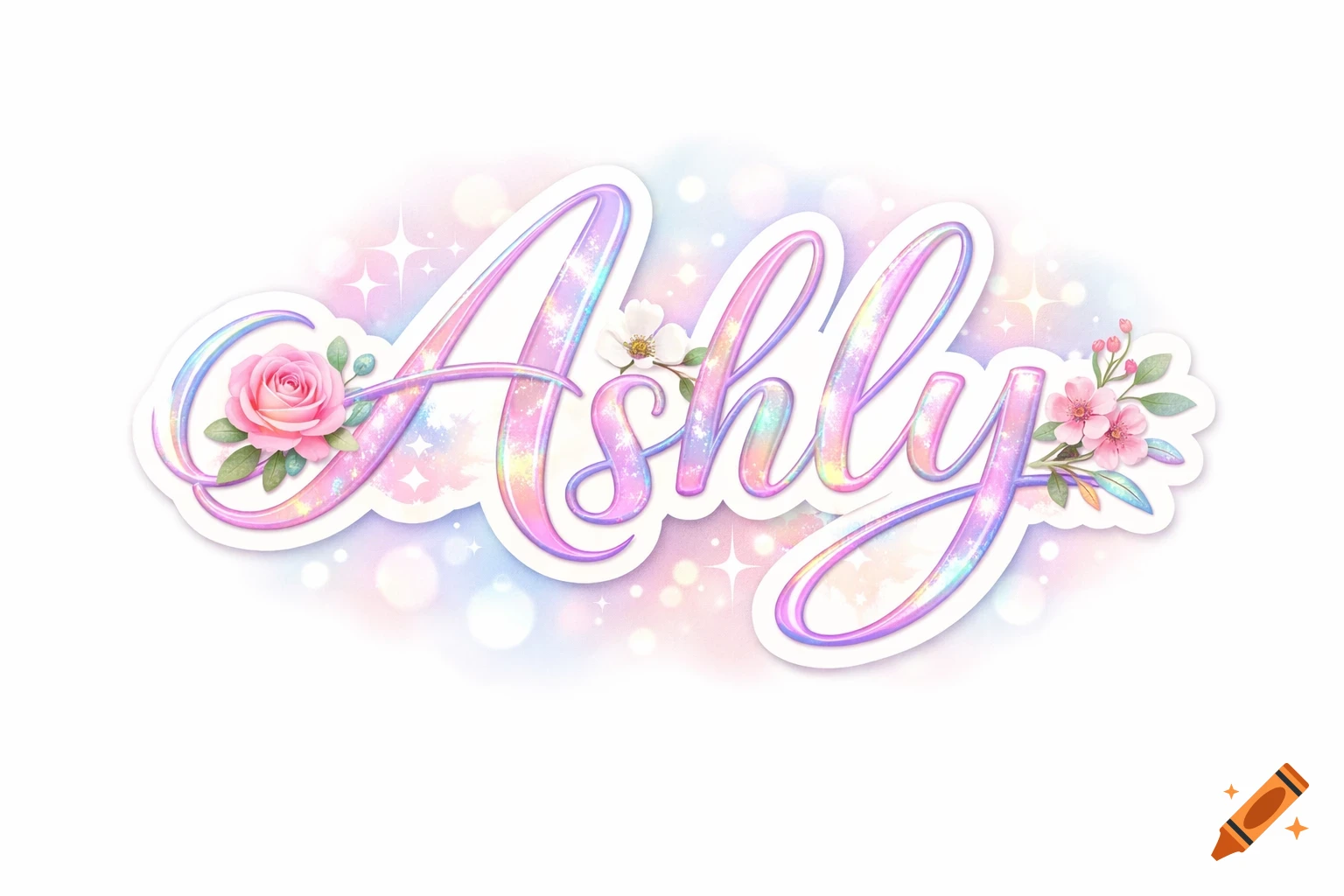 A pastel iridescent script spelling 'Ashly' with pink roses and white flowers on a sparkling background.