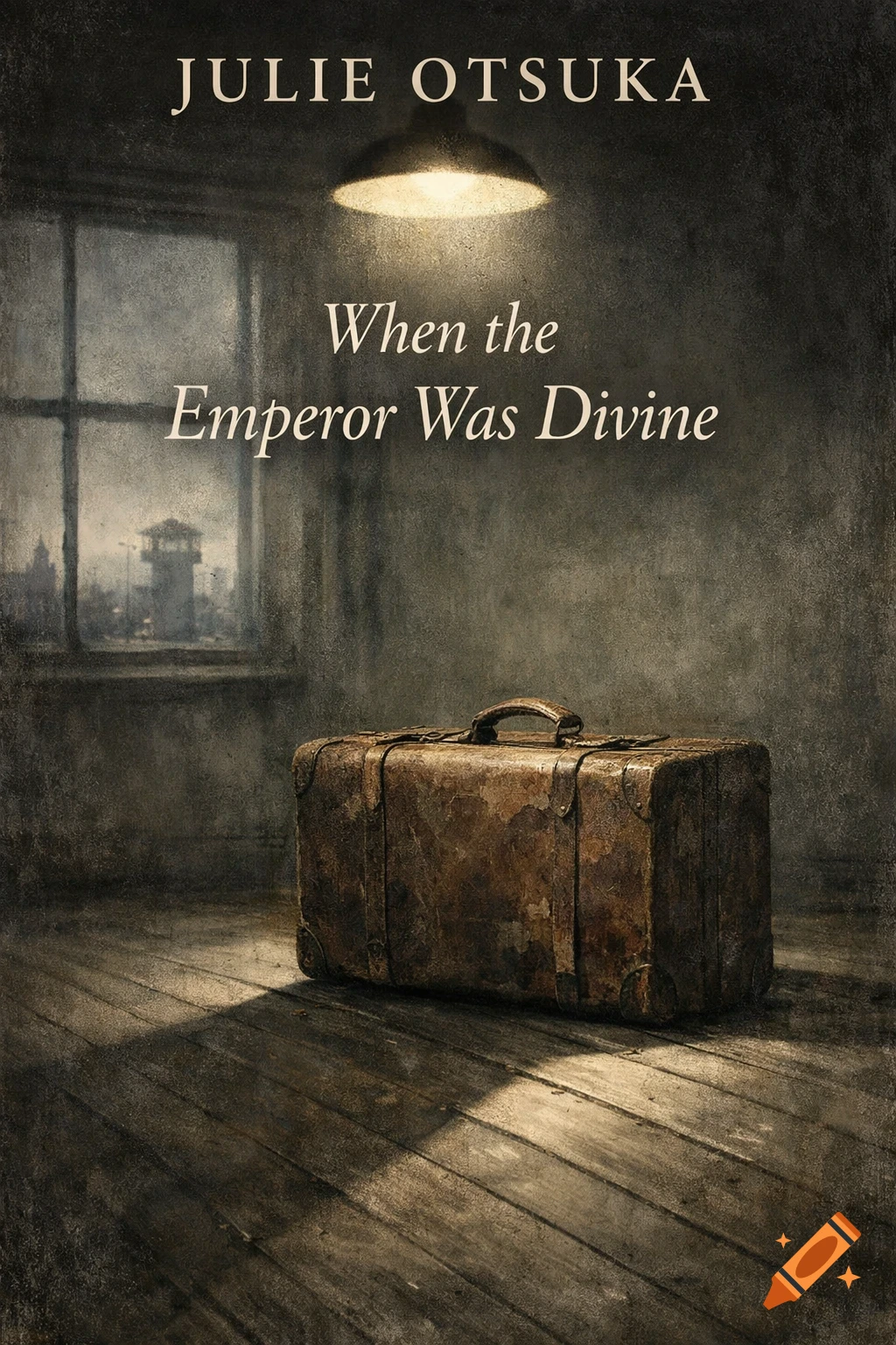 A somber illustration for a book cover: an old brown suitcase on a wooden floor in a dimly lit room, with a watchtower visible outside a window.