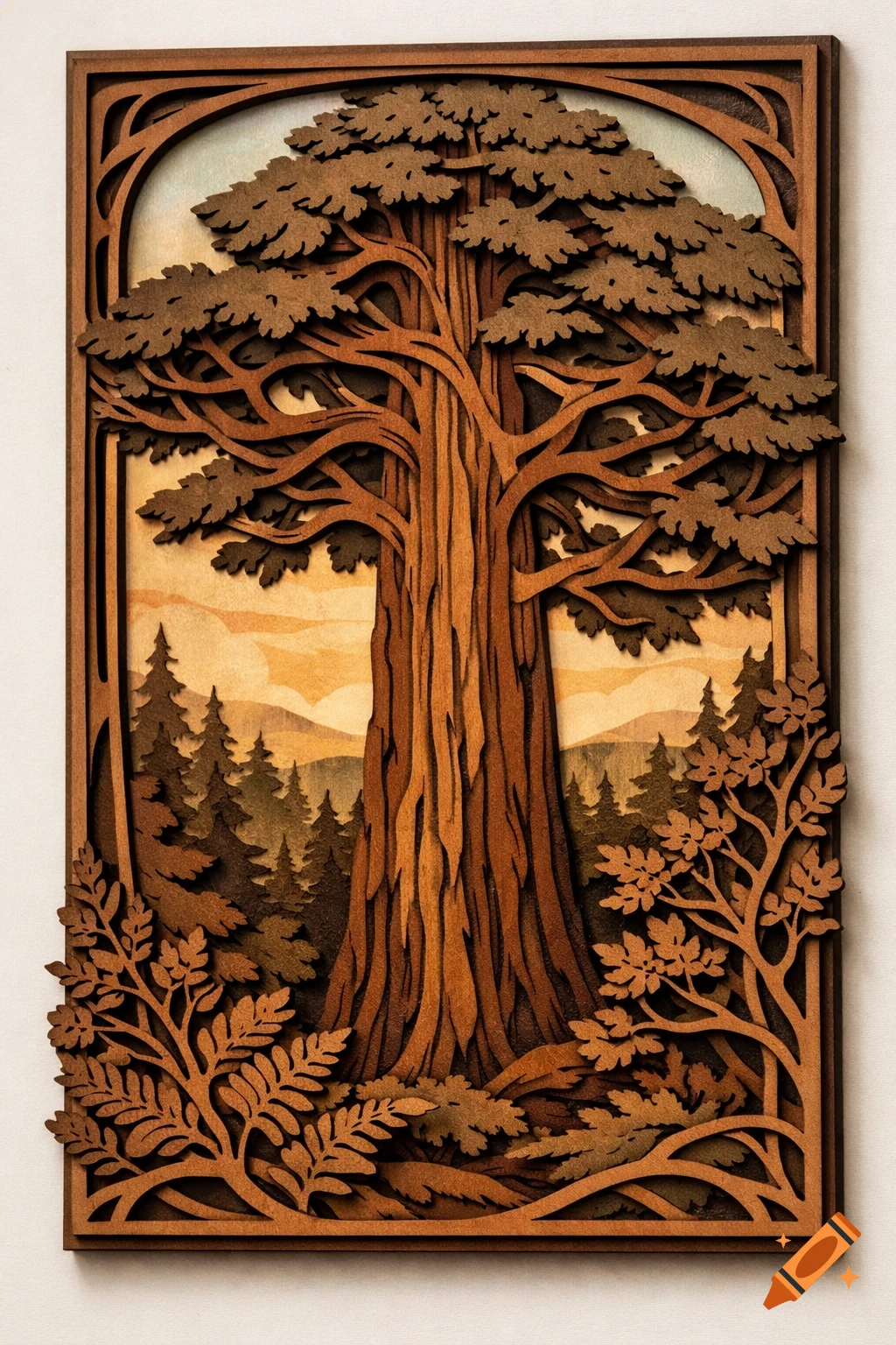 Layered wood art of a majestic redwood tree in Art Nouveau style, with a forest background and detailed foliage.