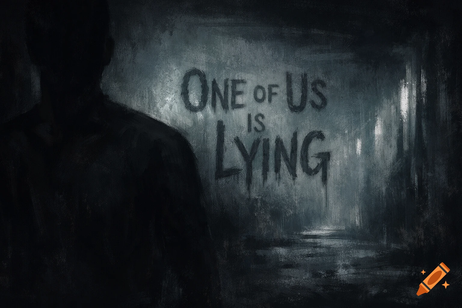 A dark, eerie digital painting shows a shadowy figure's back facing a grimy wall with the text "ONE OF US IS LYING" painted on it.