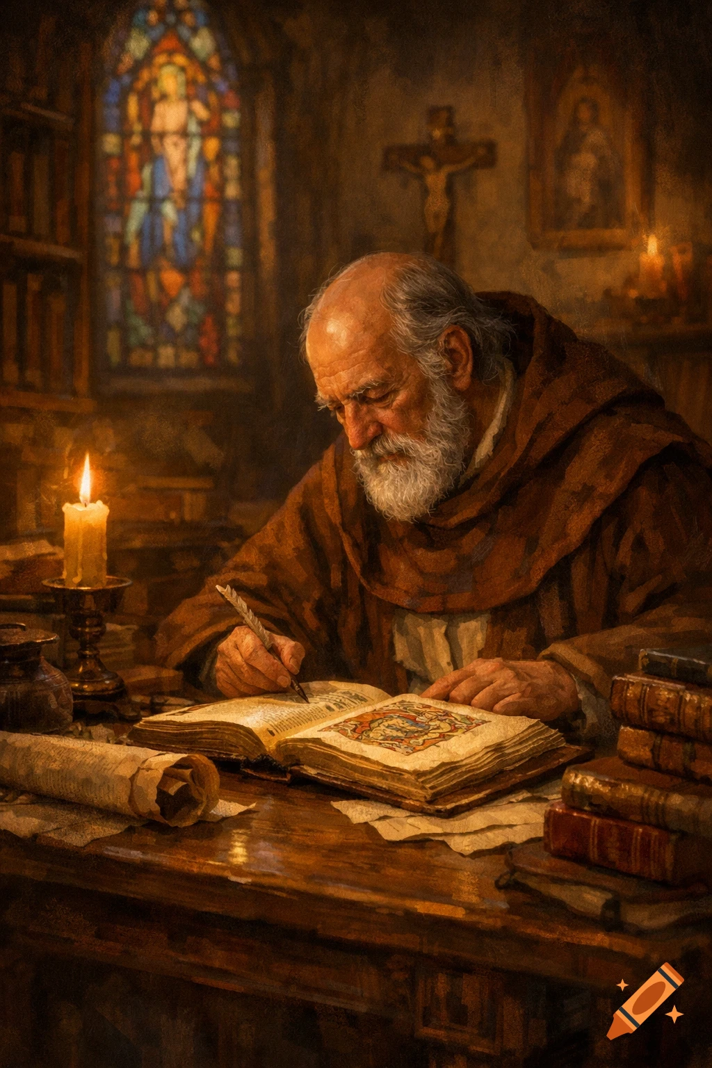 A bearded old monk in a brown robe writes in an illuminated manuscript with a quill, lit by candlelight in a dim, atmospheric study.