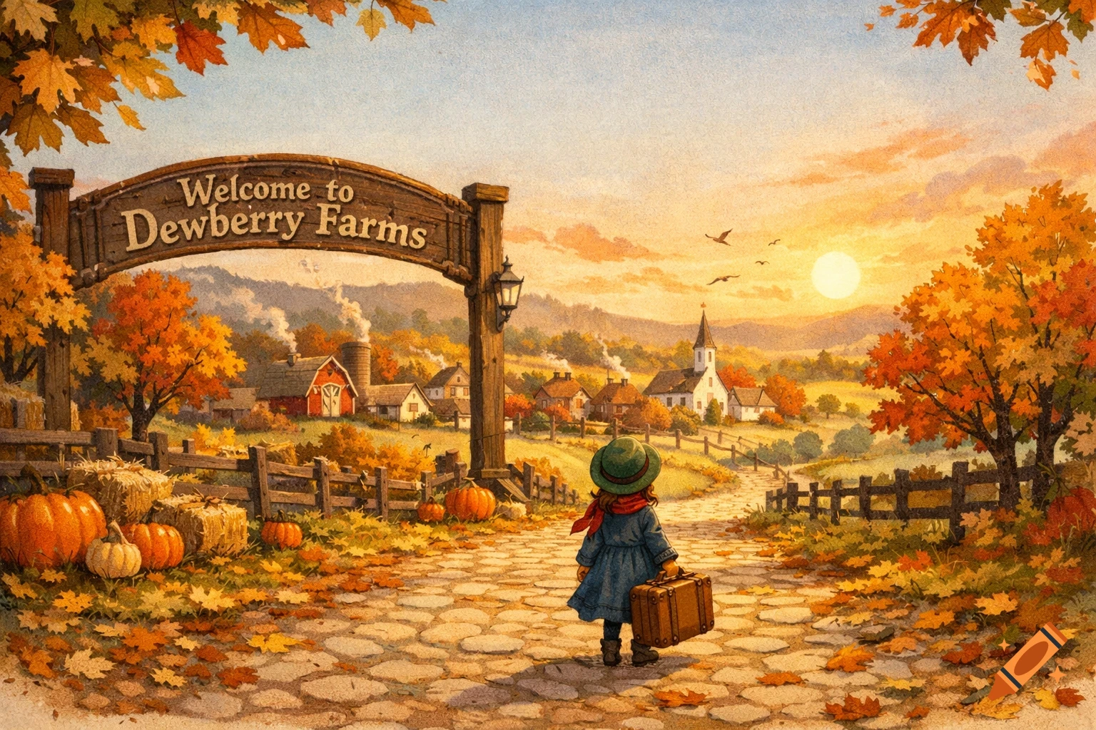 Watercolor illustration of a child with a suitcase on an autumn path looking at a 'Welcome to Dewberry Farms' sign and village.