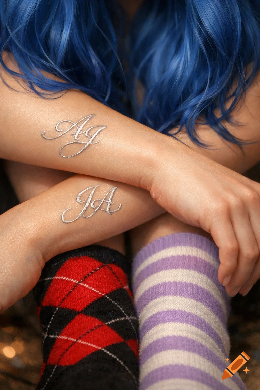 Close-up of a person with blue hair, arms crossed showing cursive 'AG' and 'JA' on wrists, wearing mismatched argyle and striped socks.